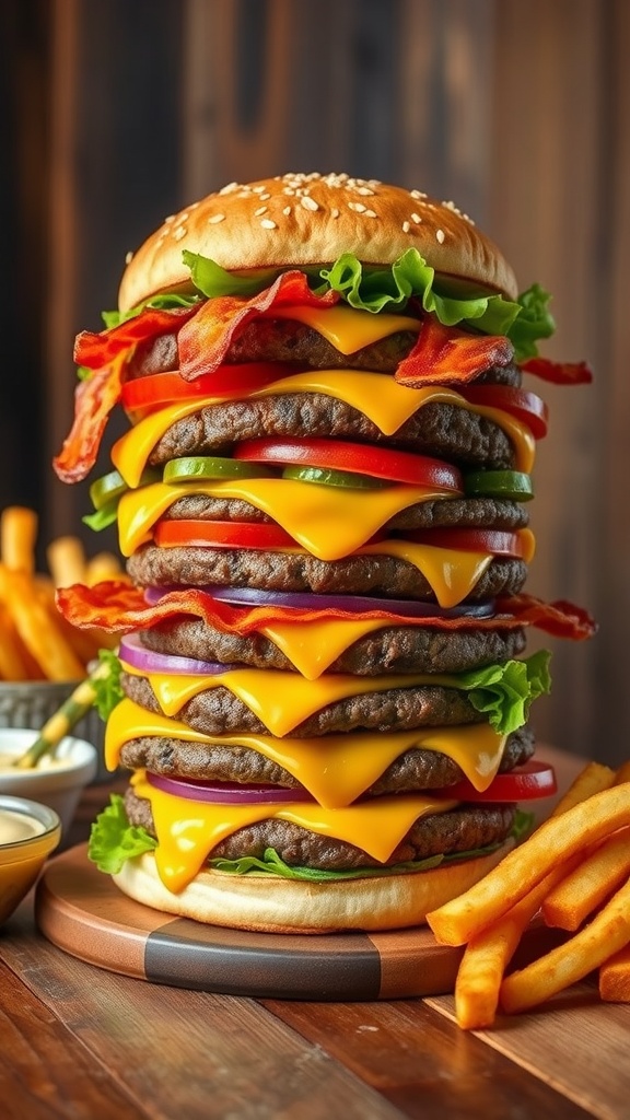 A towering 5000-calorie burger with beef patties, cheese, bacon, and fresh toppings on a wooden table with fries.